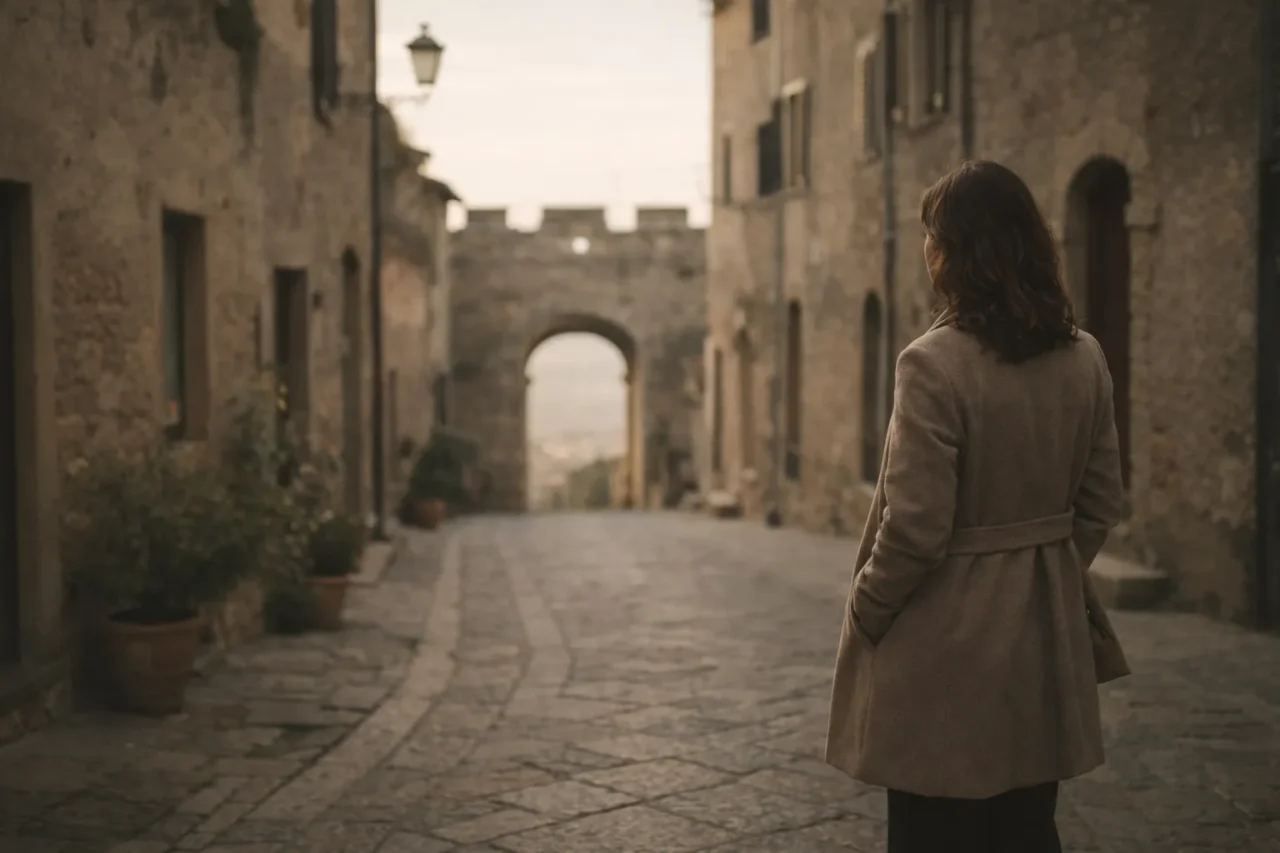 Solo woman traveller standing on a quiet historic European street, early morning light, reflecting on a potential European travel experience.
